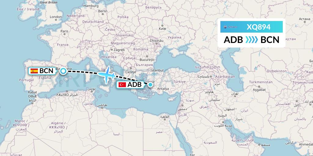 XQ894 SunExpress Flight Map: Izmir to Barcelona