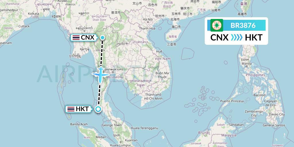 BR3876 EVA Air Flight Map: Chiang Mai to Phuket