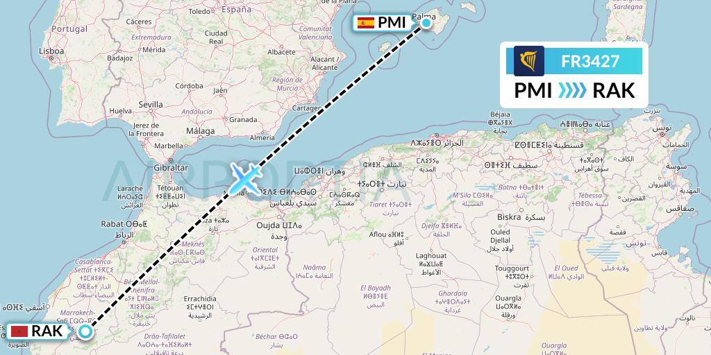 FR3427 Ryanair Flight Map: Palma de Mallorca to Marrakesh 