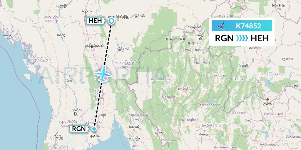 K74852 Air KBZ Flight Map: Yangon to Heho