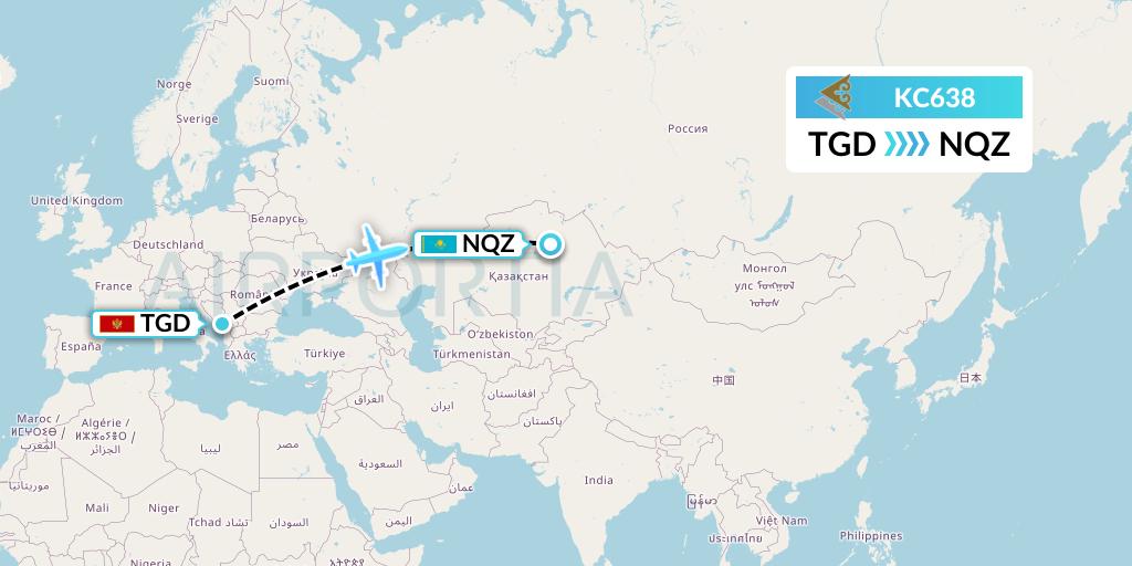 KC638 Air Astana Flight Map: Podgorica to Astana