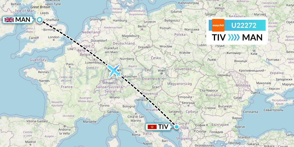 U22272 EasyJet Flight Map: Tivat to Manchester