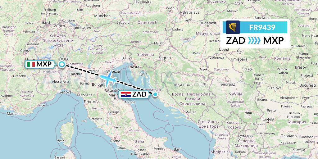FR9439 Ryanair Flight Map: Zadar to Milan