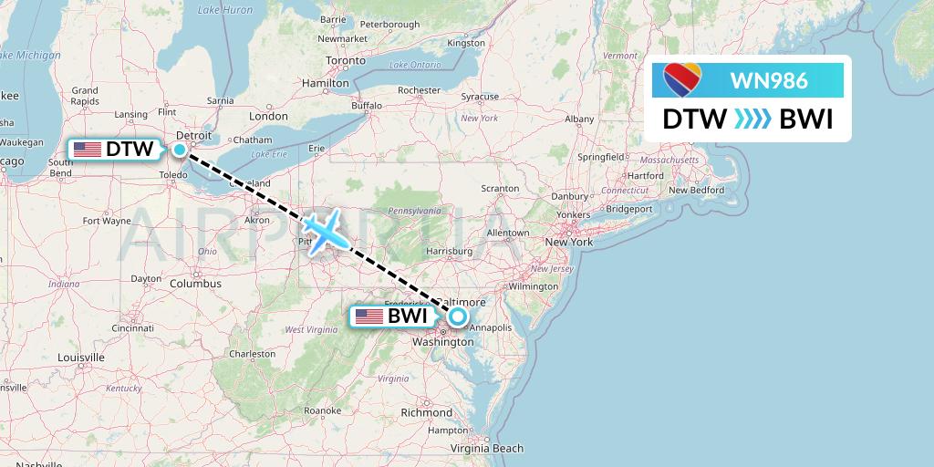 WN986 Southwest Airlines Flight Map: Detroit to Baltimore