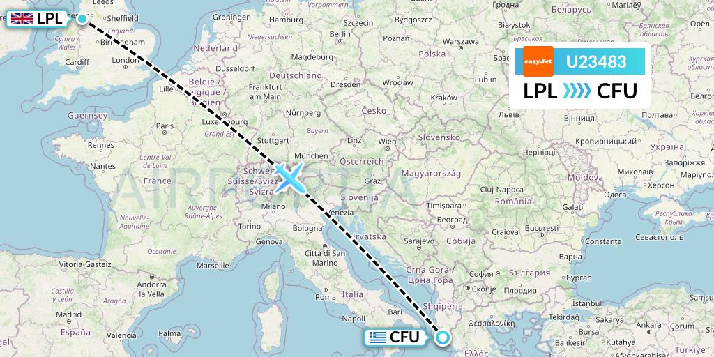 U23483 EasyJet Flight Map: Liverpool to Corfu