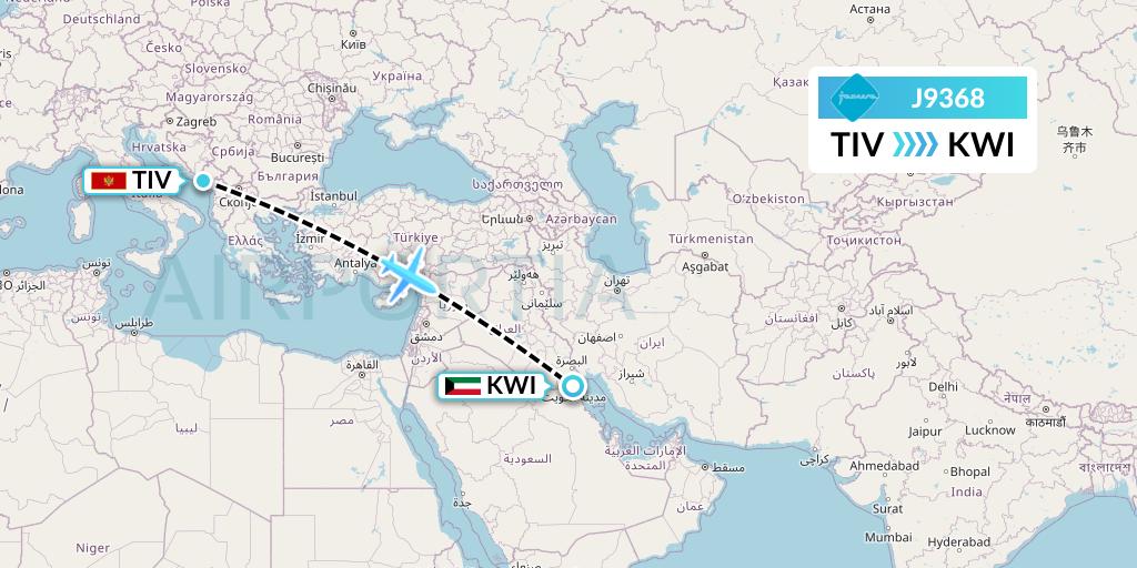 J9368 Jazeera Airways Flight Map: Tivat to Kuwait City