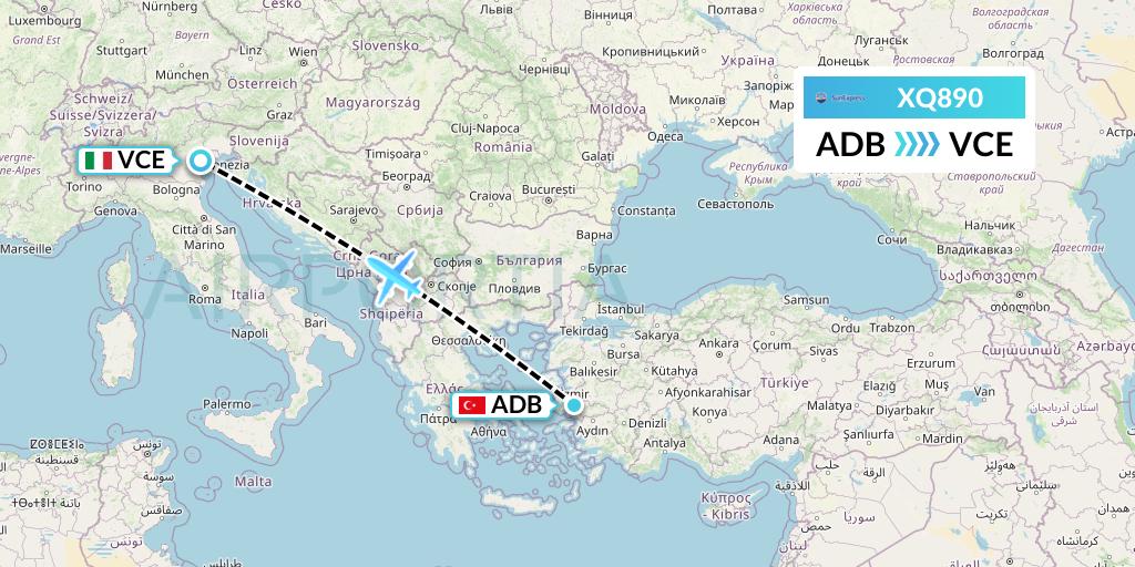 XQ890 SunExpress Flight Map: Izmir to Venice
