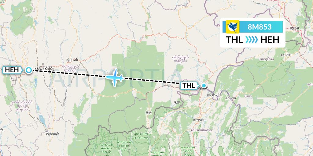 8M853 Myanmar Airways International Flight Map: Tachilek to Heho