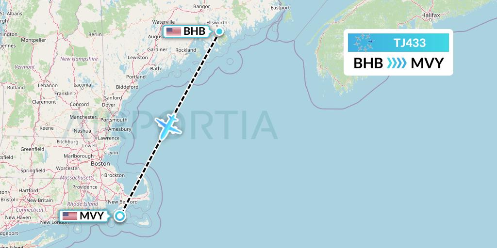 TJ433 Tradewind Aviation Flight Map: Bar Harbor to Martha's Vineyard