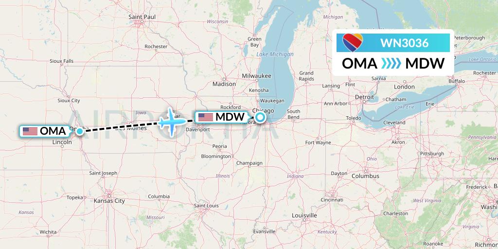 WN3036 Southwest Airlines Flight Map: Omaha to Chicago