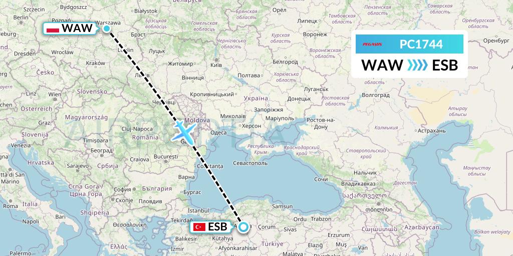 PC1744 Pegasus Airlines Flight Map: Warsaw to Ankara