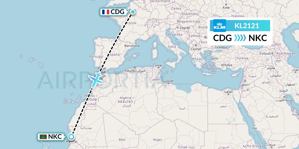 KL2121 KLM Flight Map: Paris to Nouakchott