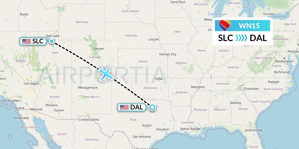 WN15 Southwest Airlines Flight Map: Salt Lake City to Dallas