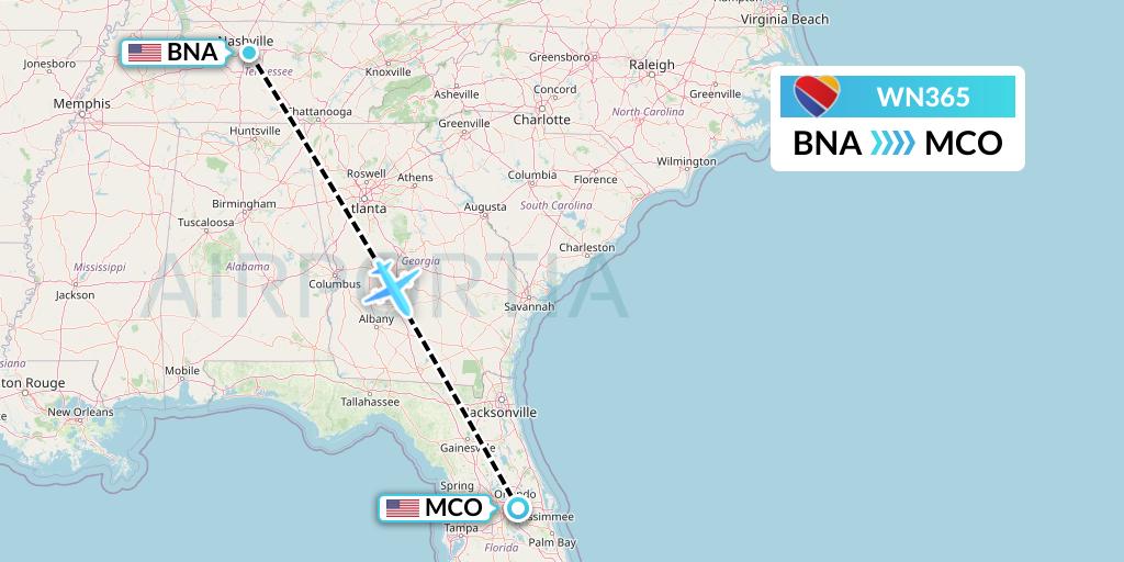 WN365 Southwest Airlines Flight Map: Nashville to Orlando