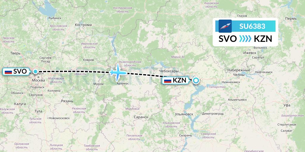 SU6383 Aeroflot Flight Map: Moscow to Kazan
