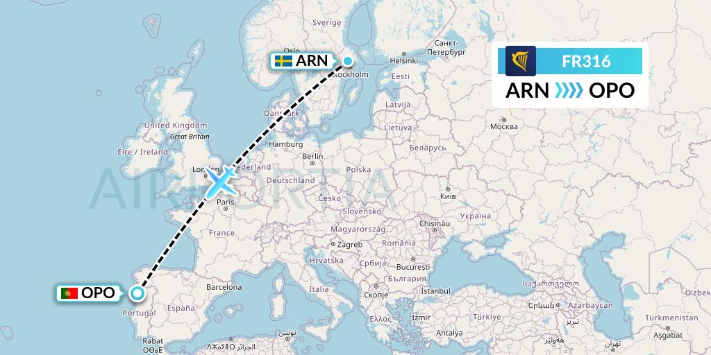 FR316 Ryanair Flight Map: Stockholm to Porto