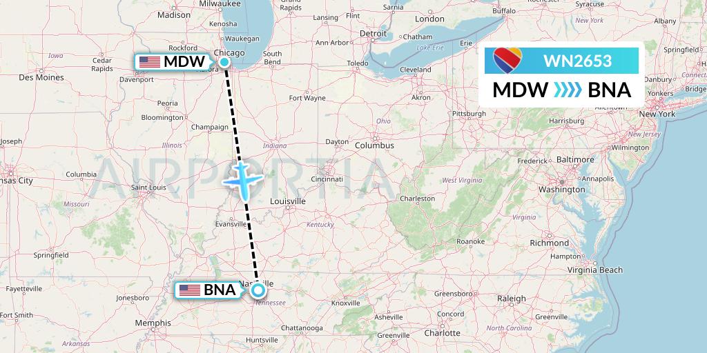 WN2653 Southwest Airlines Flight Map: Chicago to Nashville