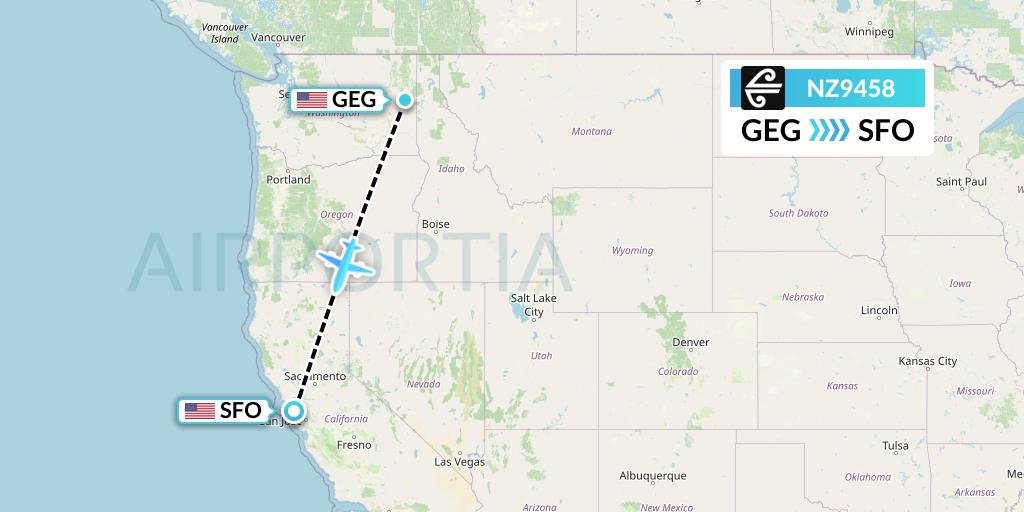 NZ9458 Air New Zealand Flight Map: Spokane to San Francisco