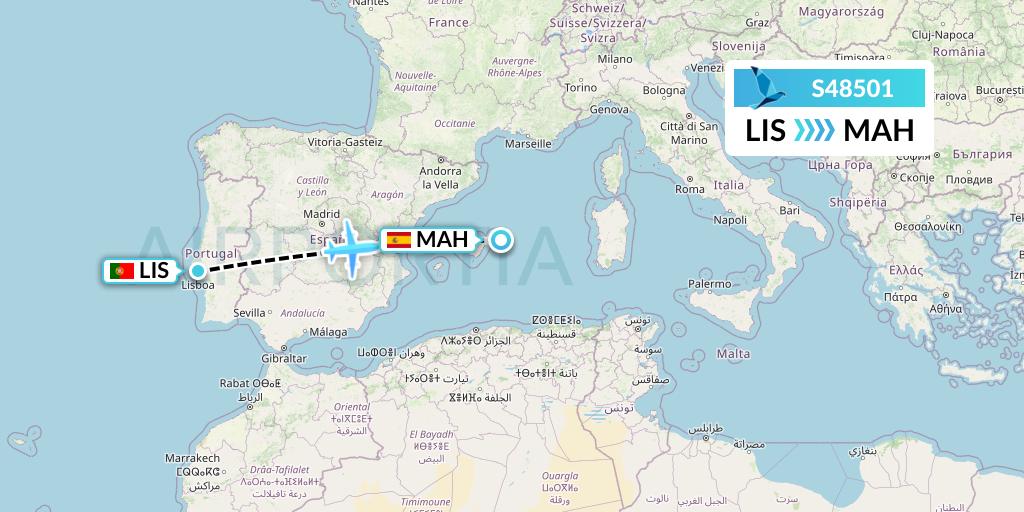 S48501 Azores Airlines Flight Map: Lisbon to Mahon
