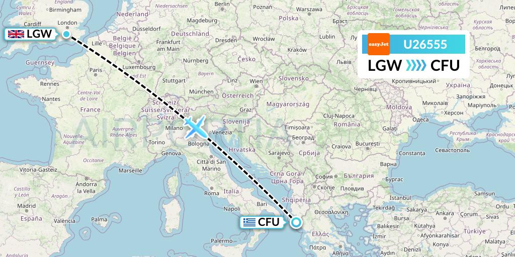 U26555 EasyJet Flight Map: London to Corfu