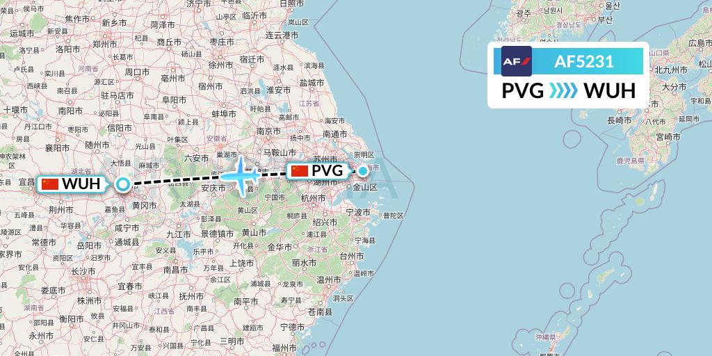 AF5231 Air France Flight Map: Shanghai to Wuhan