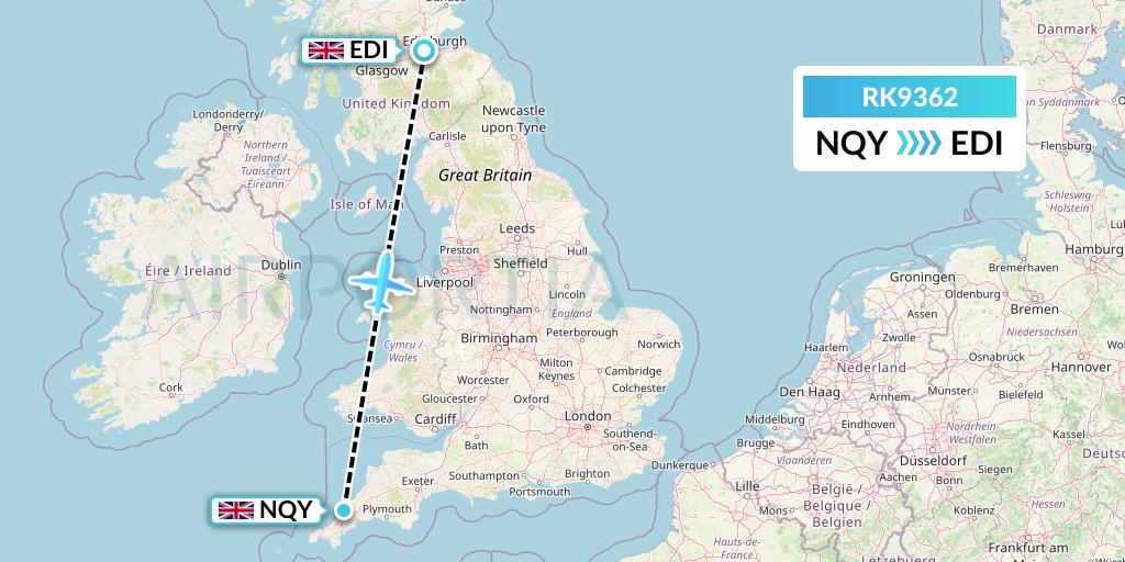 RK9362 Ryanair UK Flight Map: Newquay to Edinburgh