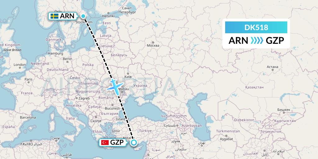 DK518 Thomas Cook Airlines Scandinavia Flight Map: Stockholm to Gazipasa