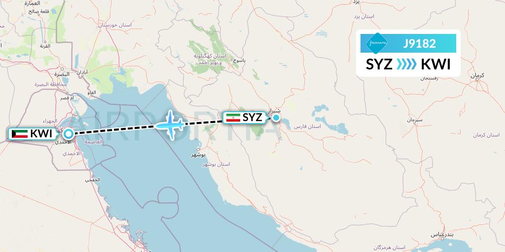 J9182 Jazeera Airways Flight Map: Shiraz to Kuwait City