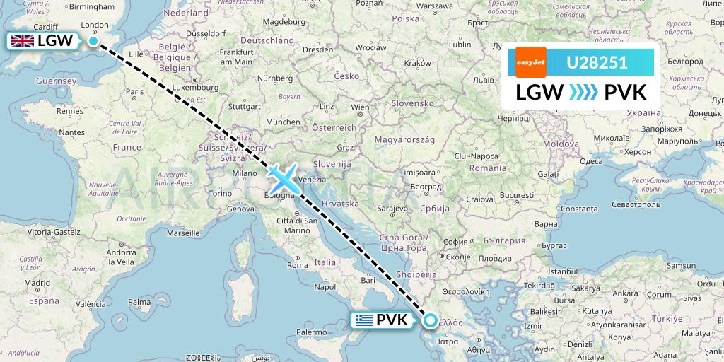 U28251 EasyJet Flight Map: London to Preveza