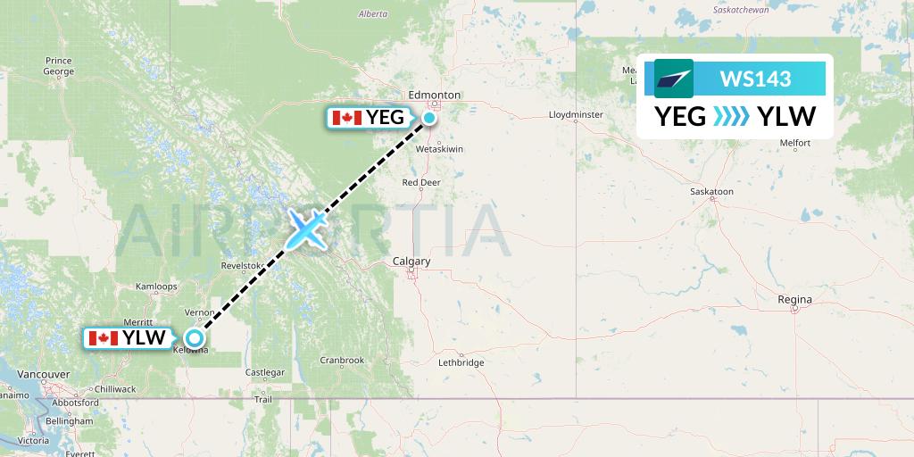 WS143 WestJet Flight Map: Edmonton to Kelowna