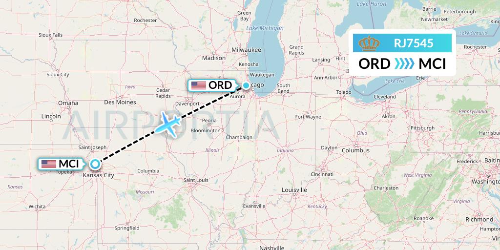 RJ7545 Royal Jordanian Flight Map: Chicago to Kansas City