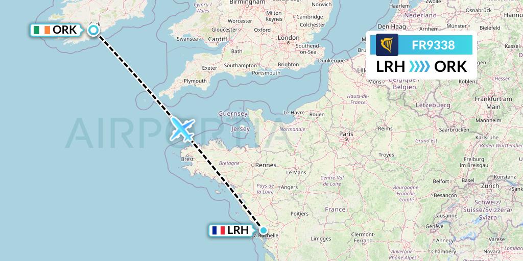 FR9338 Ryanair Flight Map: La Rochelle to Cork