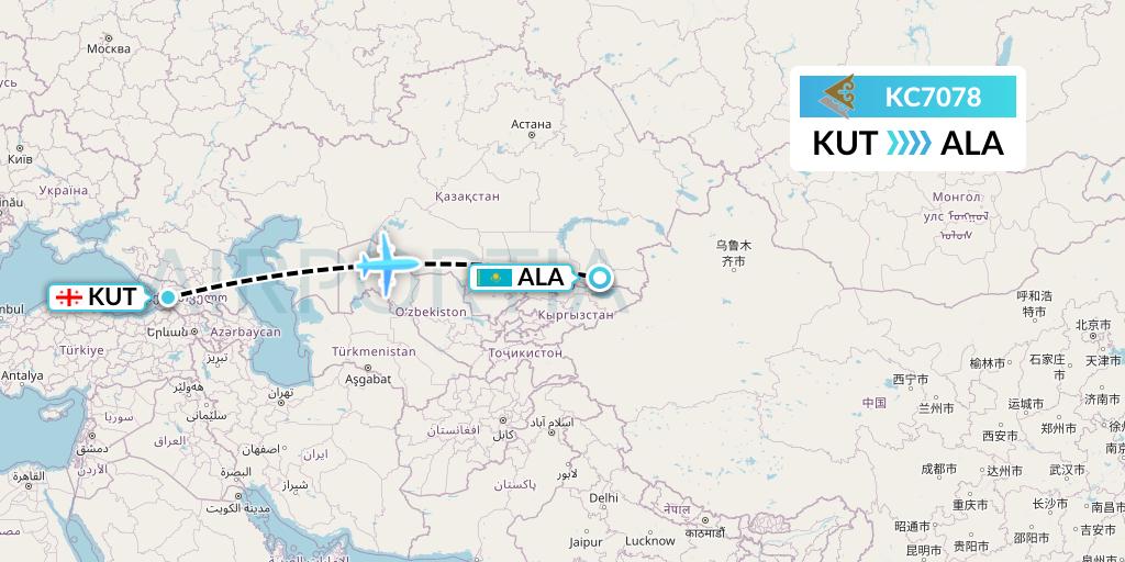 KC7078 Air Astana Flight Map: Kutaisi to Almaty