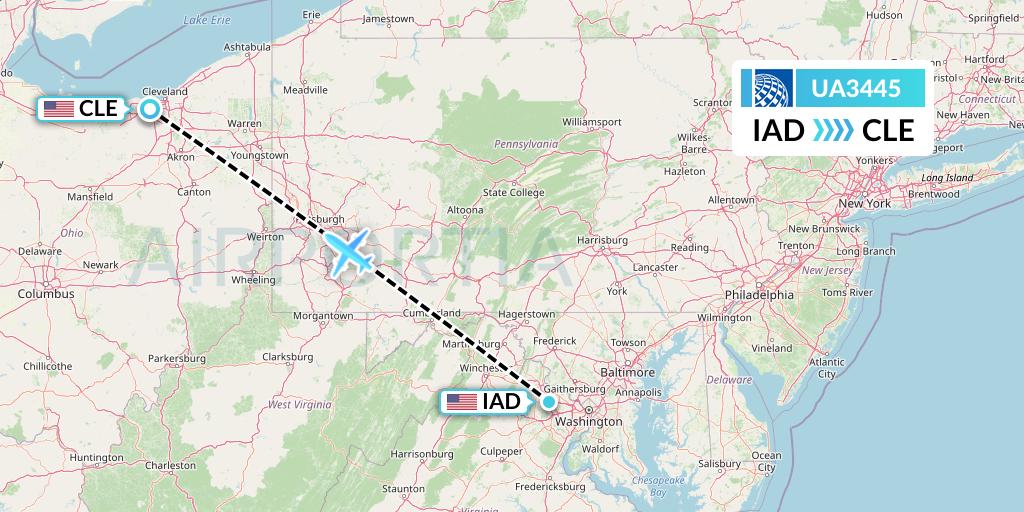 UA3445 United Airlines Flight Map: Washington to Cleveland