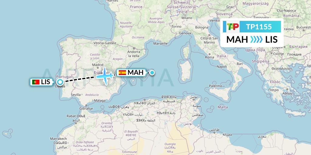 TP1155 TAP Portugal Flight Map: Mahon to Lisbon