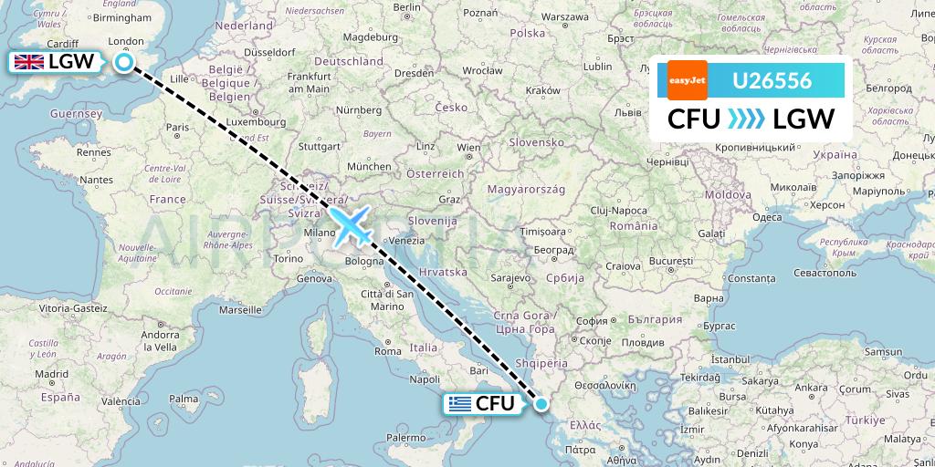 U26556 EasyJet Flight Map: Corfu to London