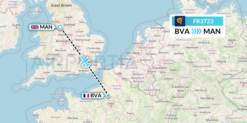 FR3723 Ryanair Flight Map: Paris to Manchester