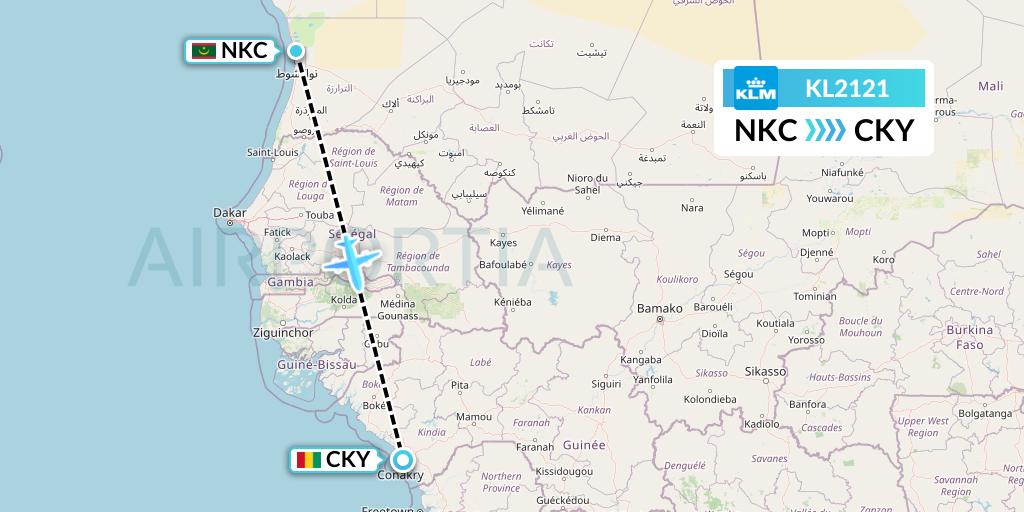 KL2121 KLM Flight Map: Nouakchott to Conakry