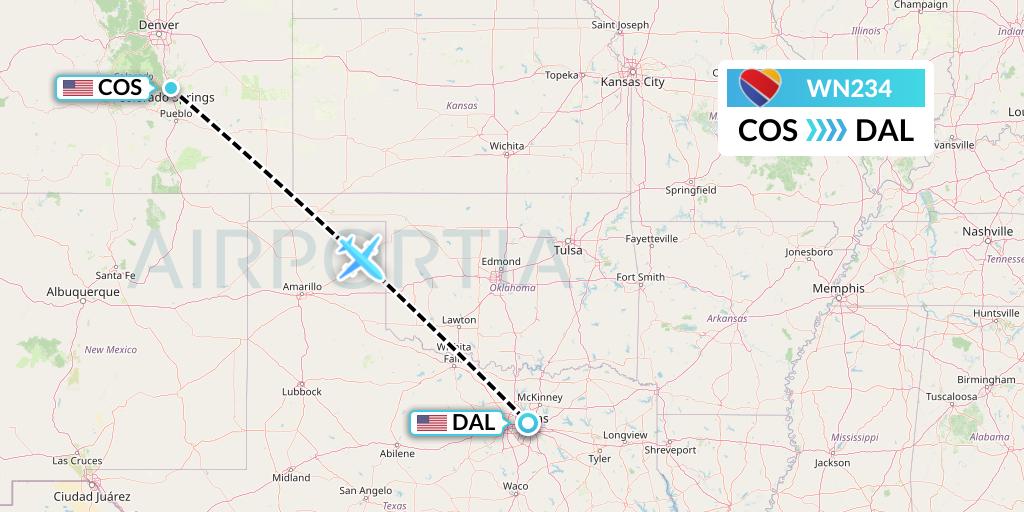WN234 Southwest Airlines Flight Map: Colorado Springs to Dallas