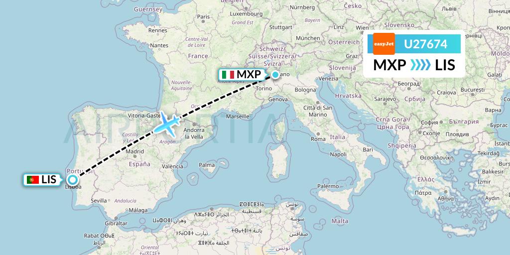 U27674 EasyJet Flight Map: Milan to Lisbon
