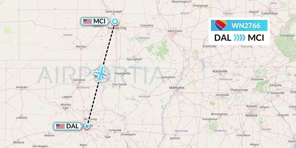 WN2766 Southwest Airlines Flight Map: Dallas to Kansas City