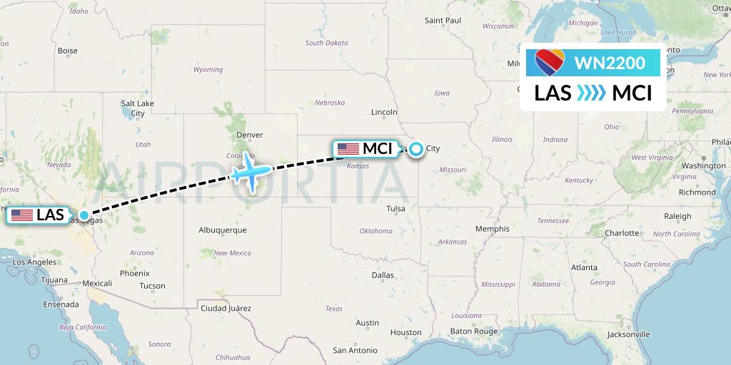 WN2200 Southwest Airlines Flight Map: Las Vegas to Kansas City