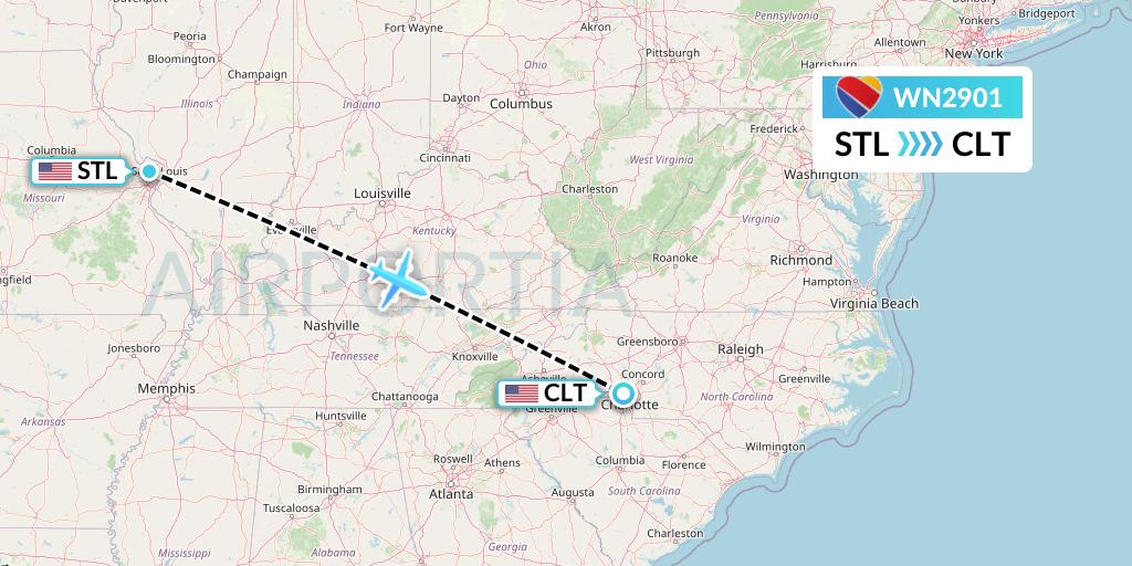 WN2901 Southwest Airlines Flight Map: St. Louis to Charlotte