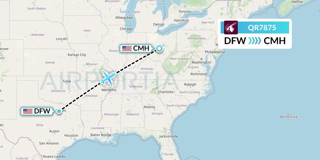 QR7875 Qatar Airways Flight Map: Dallas to Columbus