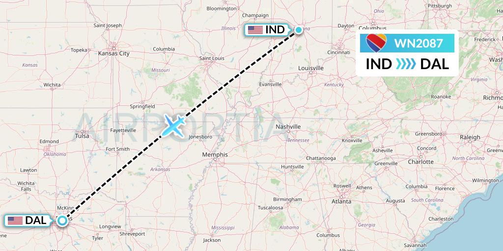 WN2087 Southwest Airlines Flight Map: Indianapolis to Dallas