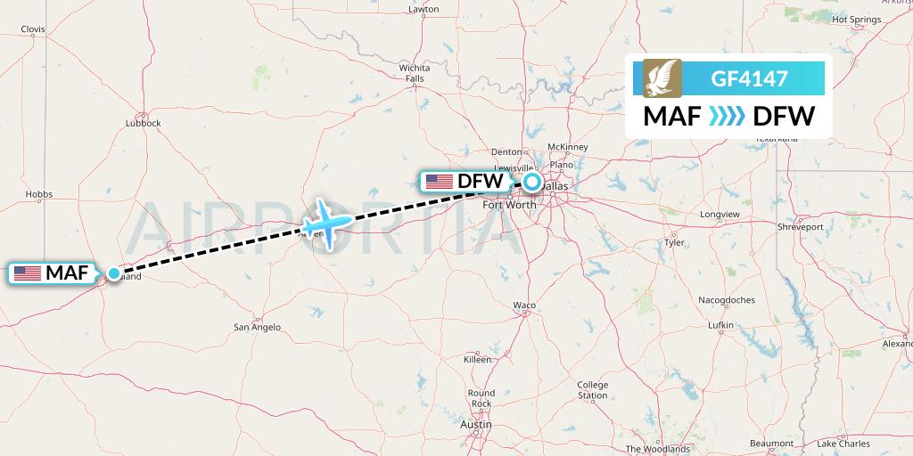 GF4147 Gulf Air Flight Map: Midland to Dallas