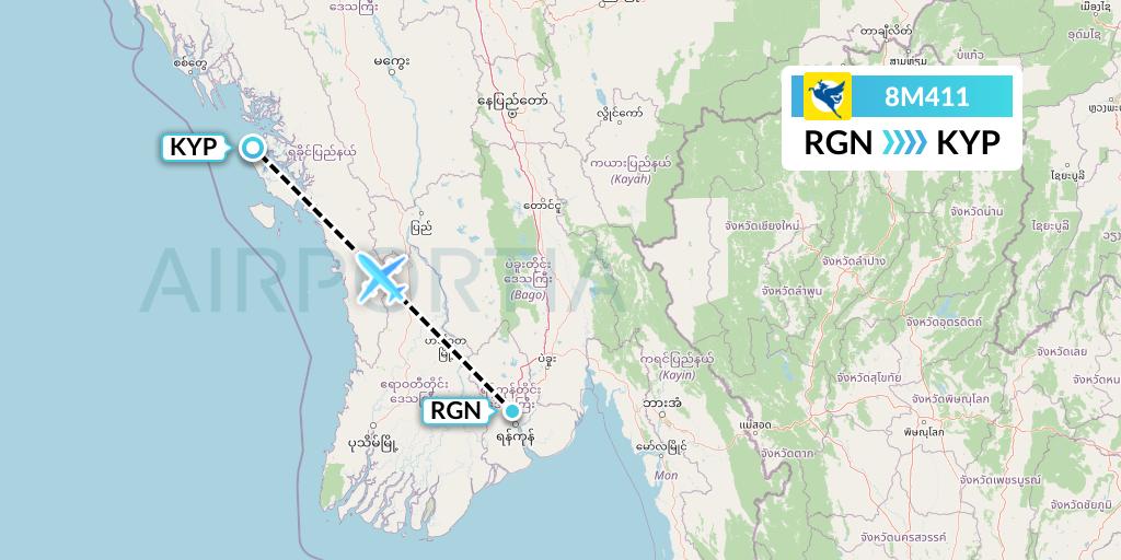 8M411 Myanmar Airways International Flight Map: Yangon to Kyaukpyu