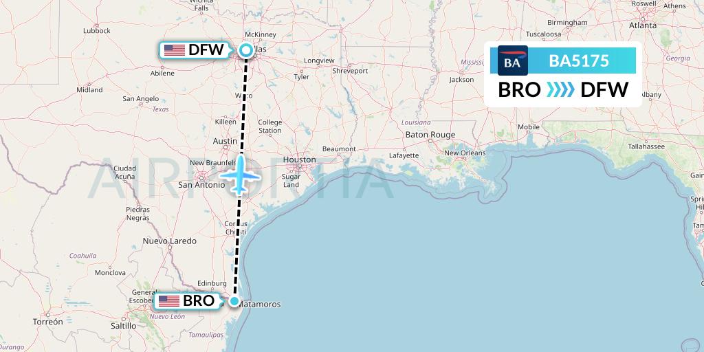 BA5175 British Airways Flight Map: Brownsville to Dallas