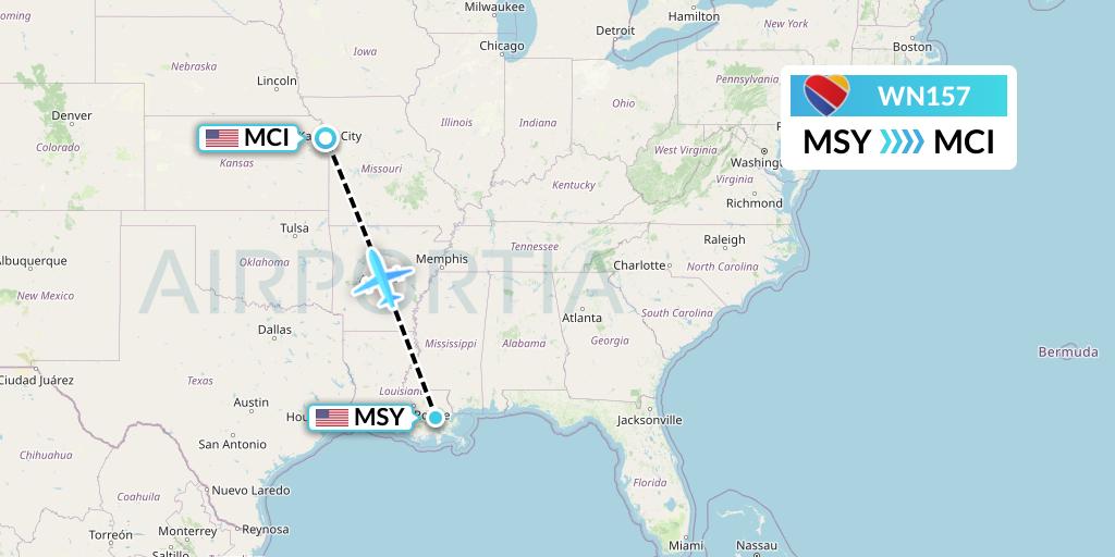 WN157 Southwest Airlines Flight Map: New Orleans to Kansas City