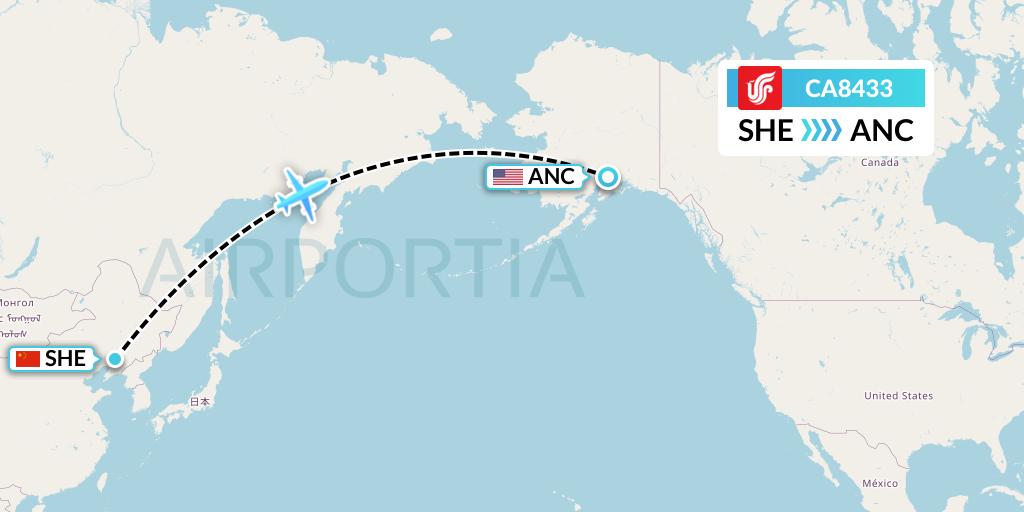 CA8433 Air China Flight Map: Shenyang to Anchorage